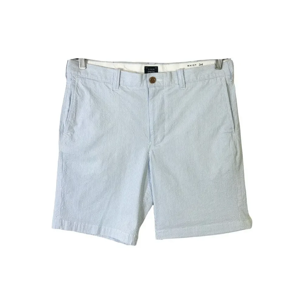 NWOT J CREW Shorts Men 34 9” Inseam Stripe Blue White Seersucker 4 Pocket Cotton